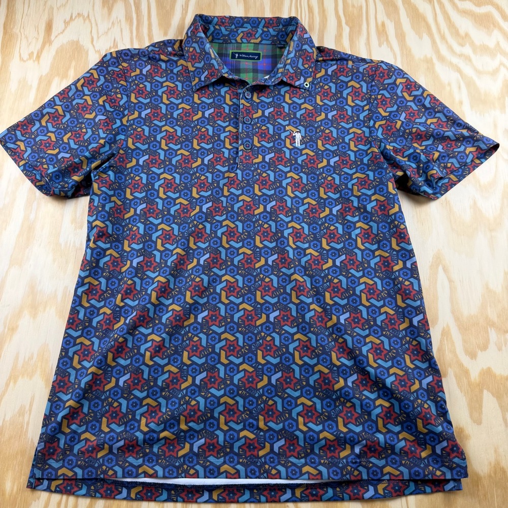 William Murray Golf Polo Shirt Mens M Blue Geometric Star Print Short Sleeve